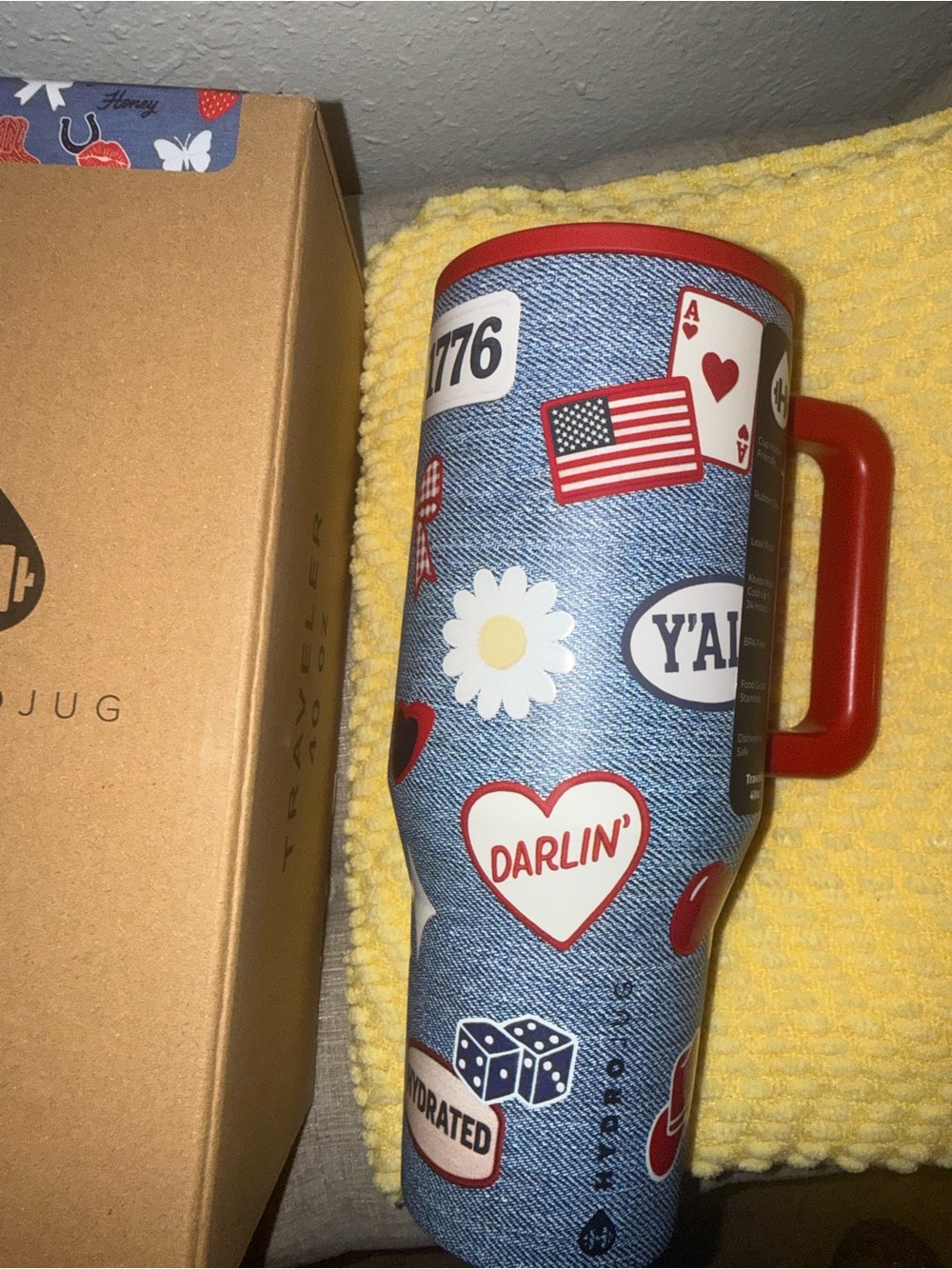 HydroJug Denim-Print Travel Tumbler with Red Handle and Graphic Decals